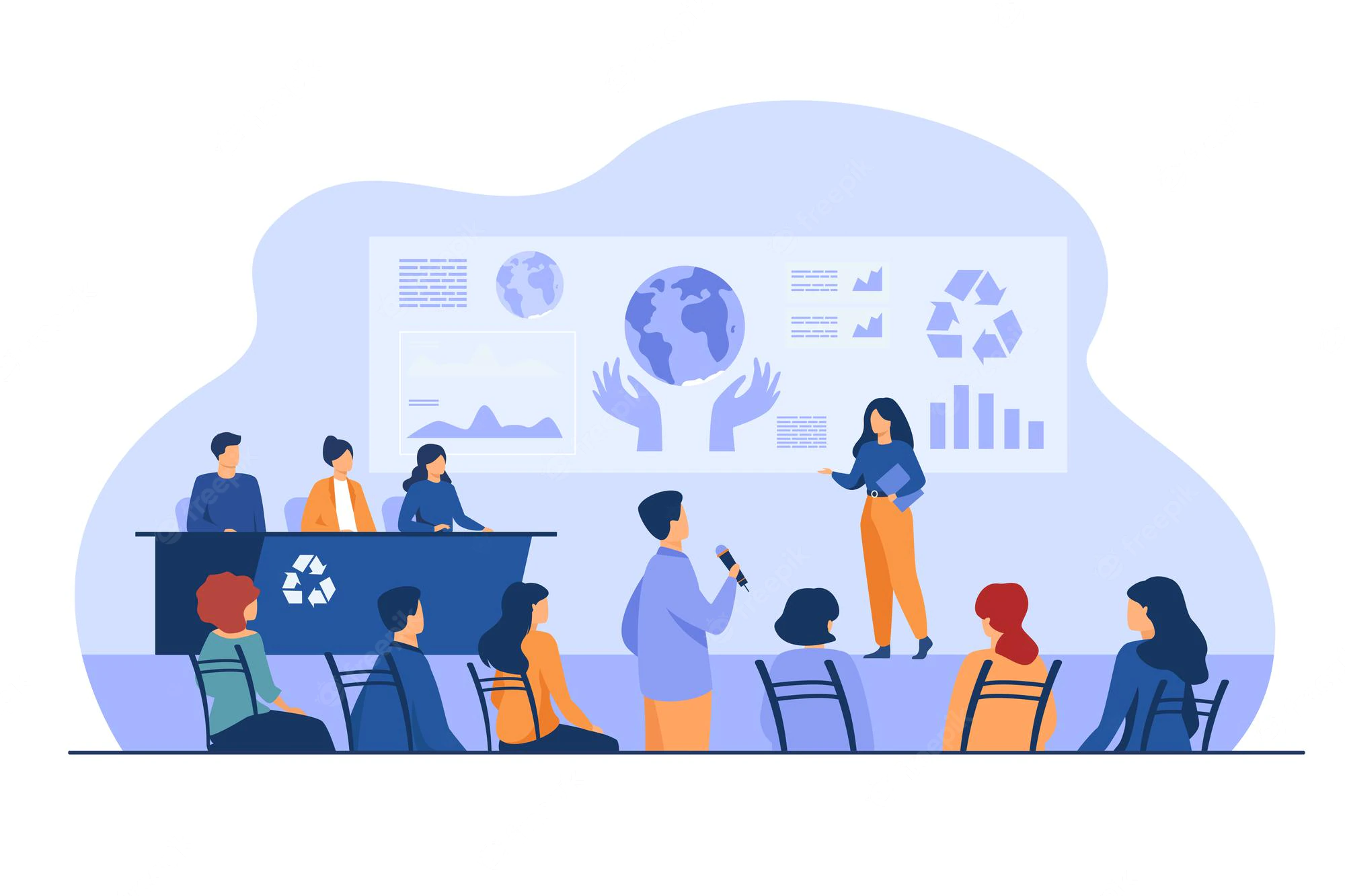 miembro conferencia prensa ecologica hablando escenario audiencia presentando graficos tierra 74855 14011