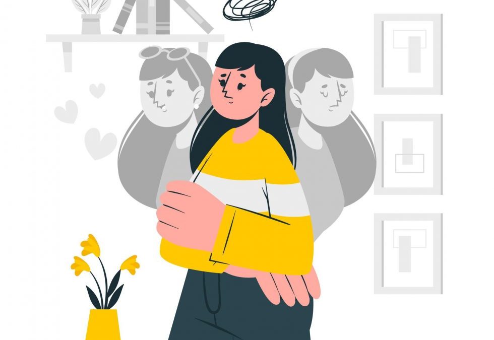 Ilustració, una dona vestida de color i derrere ella en altres situacions en gris